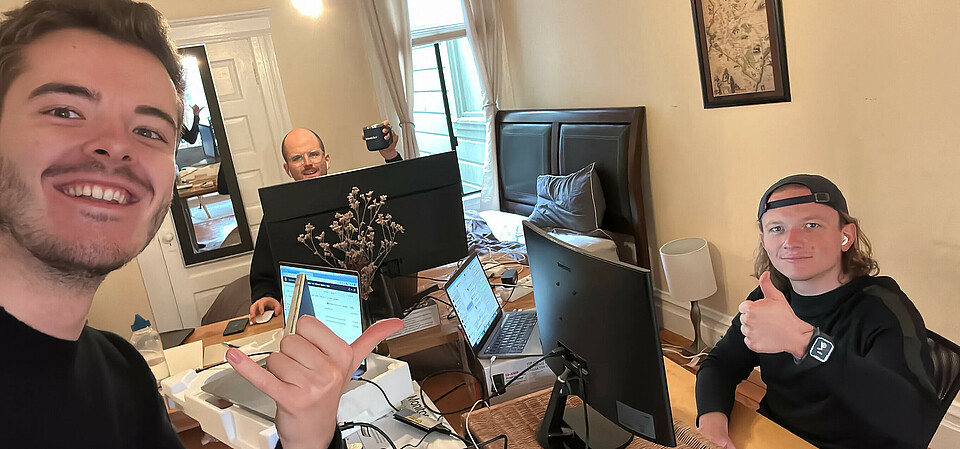 Langfuse boys “shipping” from the improvised office at an Airbnb in San Francisco. Langfuse founders Clemens Rawert, Marc Klingen, and Max Deichmann