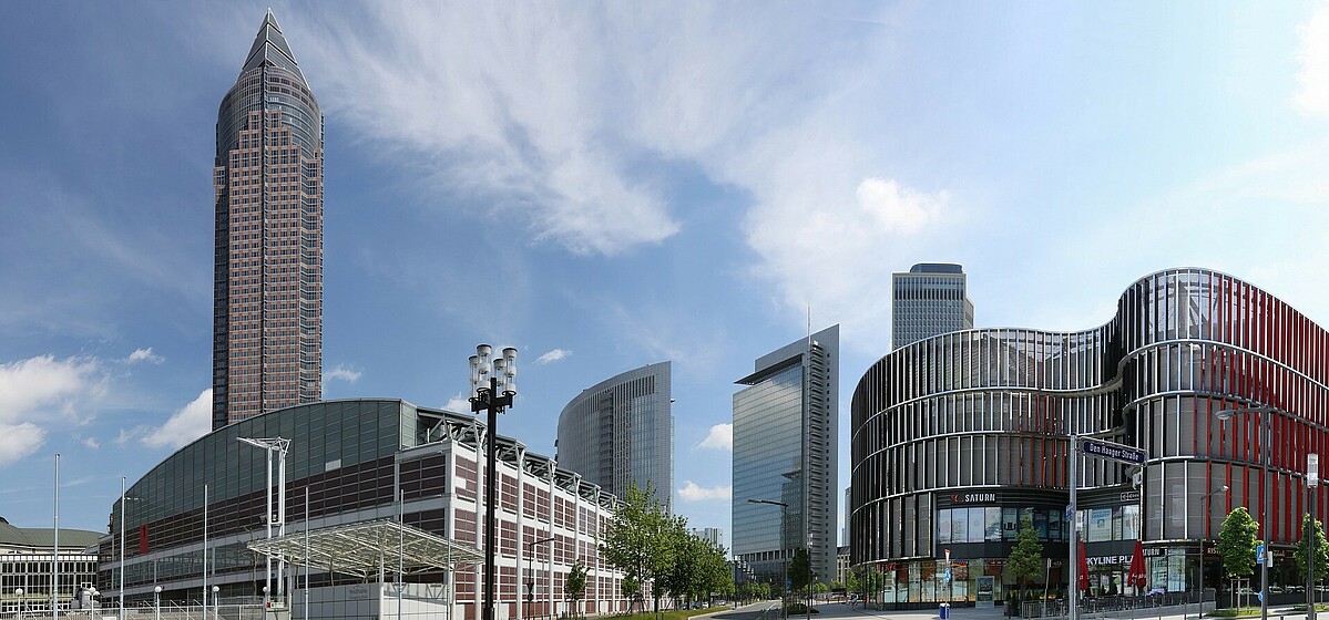 exhibition grounds Messe Frankfurt skyscraper and exhibition buildings at Messe Frankfurt